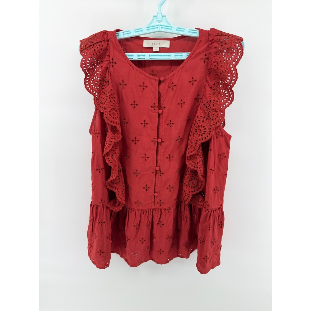 LOFT Womens Red Eyelet Lace Ruffle Sleeve Peplum Blouse Top Size M